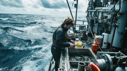 A marine scientist examines water samples on a research vessel, conducting environmental analysis on the open sea. AIG41
