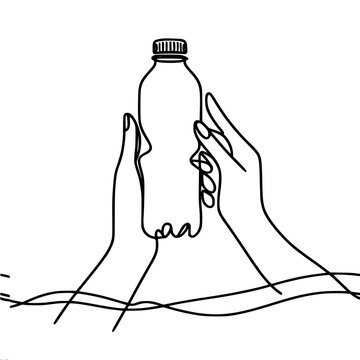 Hands holding a bottle , single line vector image, black line on a white background