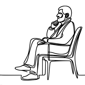 Old man, an elderly man sits on a chair and looks thoughtfully into the distance, single line vector image, black line on a white background