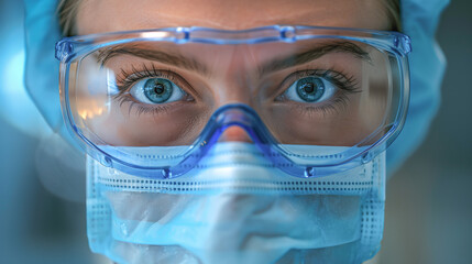 A close up of a young woman face wearing protective gear: mask, cap and glasses.