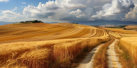 A field of golden wheat with a road running through it - obrazy, fototapety, plakaty