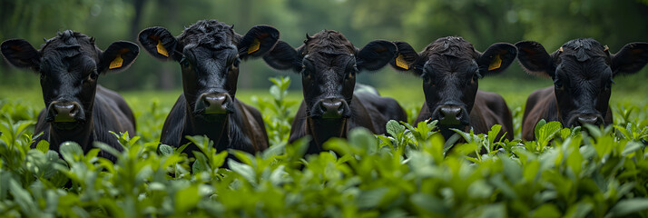 Black Angus Calves in Green Paddock ,
Herd of cows grazing on pasture in a field regenerative angus cattle in a paddock
 - obrazy, fototapety, plakaty