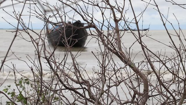 On the other side of the dead tree branches, a wooden fishing boat can be seen swaying in the ocean waves.