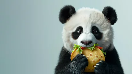 Fotobehang A baby panda eats a taco against a soft blue background. © Visionary Vistas