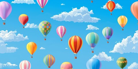A colorful hot air balloon scene with many balloons flying in the sky