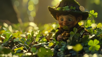 Nestled in a patch of clover, the tiny leprechaun-like character counts its gold coins, its eyes gleaming with greed and mischief. - obrazy, fototapety, plakaty