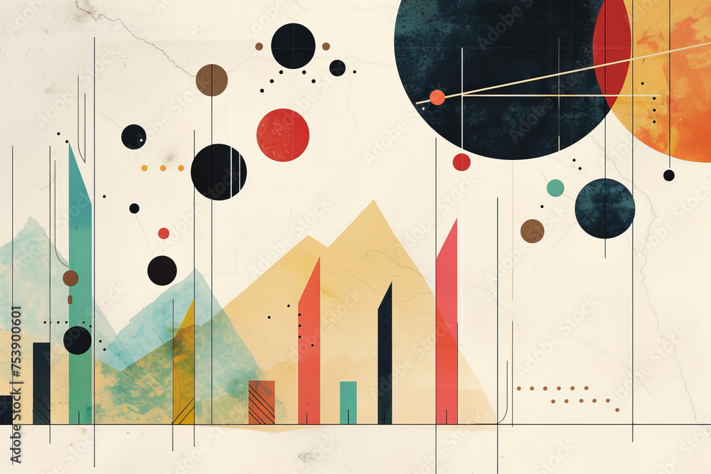 Poster a 2d illustration of a graph with bars, lines, and dots showing some data and trends