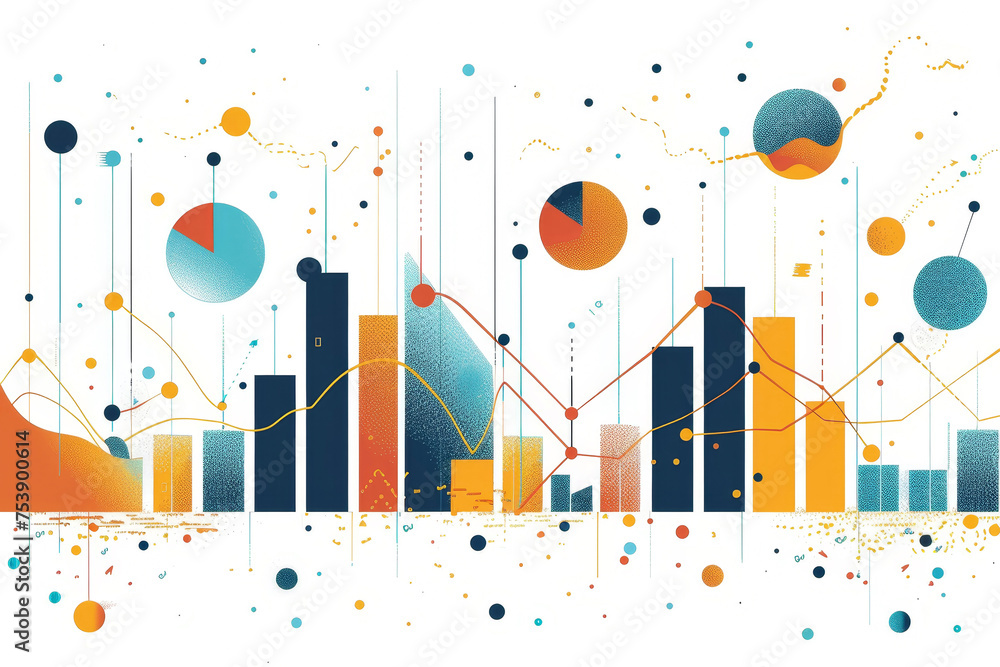 Poster a 2d illustration of a graph with bars, lines, and dots showing some data and trends