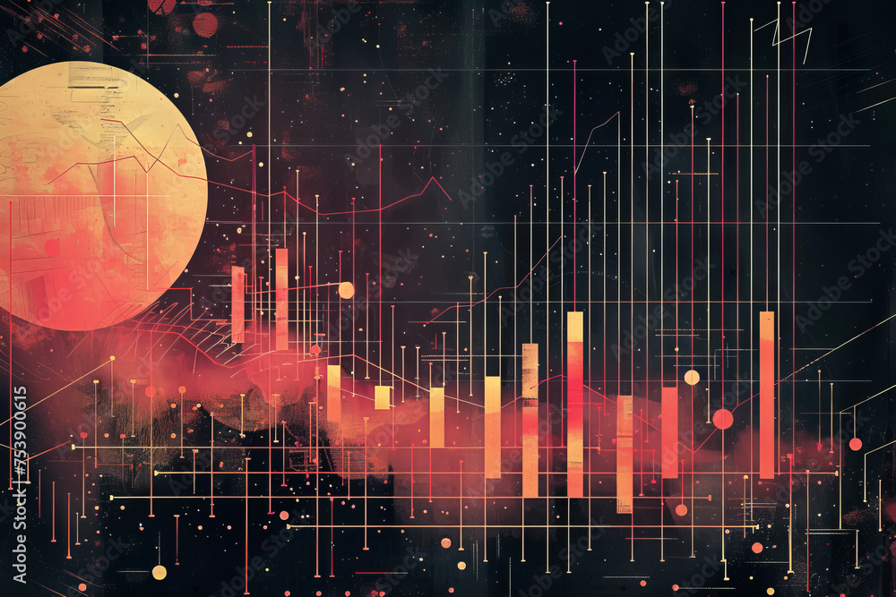 Poster 2d illustration of a graph with bars, lines, and dots showing some data and trends