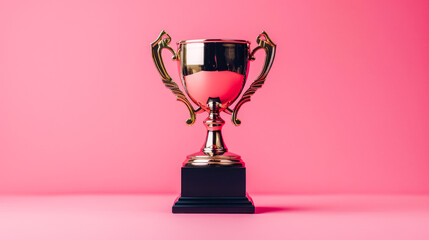 Fototapeta premium Elegant Gold and Silver Trophy Cup on a Black Base Against a Pink Background