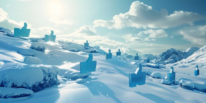A snowy mountain range with a bunch of blue hearts on the ground