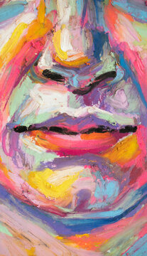 Fragment of an abstract painting, lips of a beautiful girl. Conceptual abstract close-up of oil pastel.
