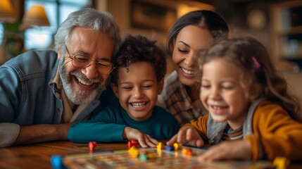 A happy family plays a board game at home. Grandpa and his grandchildren spend time together.
