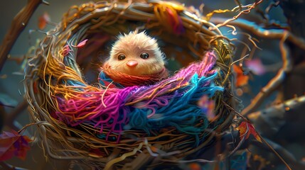 Nestled in a nest made of colorful yarn, the crafty character knits a cozy scarf, its tiny needles clicking rhythmically as it works.