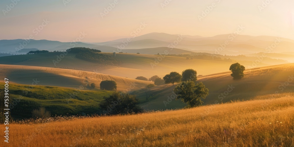 Poster a beautiful landscape with a large hill in the background and a field of trees