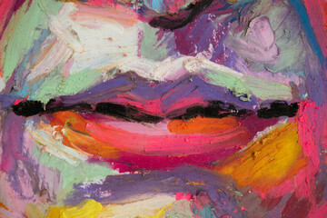 Fragment of an abstract painting, lips of a beautiful girl. Conceptual abstract close-up of oil pastel. - 753901096