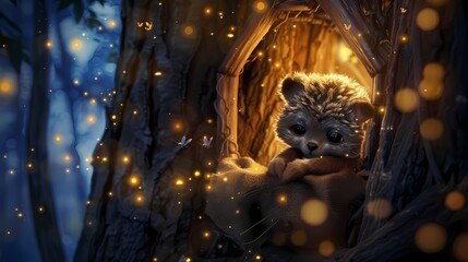 Nestled in a cozy treehouse, the adorable creature watches as fireflies dance in the night sky, their gentle glow illuminating the darkness like a thousand tiny stars.