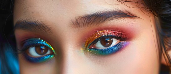 Colorful eye makeup. Female Asian eyes with beautiful make-up. Amazing Bright eye makeup in luxurious blue shades. Pink and blue color, colored eyeshadows