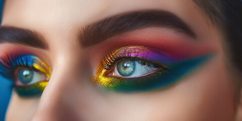Colorful eye makeup. Female eyes with beautiful make-up. Amazing Bright eye makeup in luxurious blue shades. Pink and blue color, colored eyeshadow