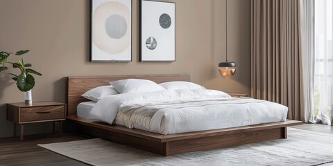 Mock up bright bedroom with a comfortable large bed and a bright stylish background, 3d rendering