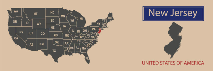Vector map borders of the USA New Jersey state. State of New Jersey on the map of the United States of America.