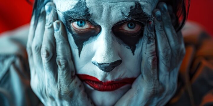 A man in a Joker costume is looking down with his hands on his face