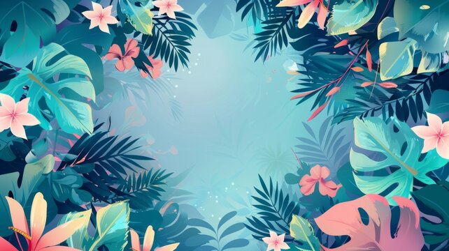 Tropical frame with exotic jungle plants, palm leaves and monstera and tropical flowers on a teal blue background and space for text, A summer holiday themed banner template with copy space