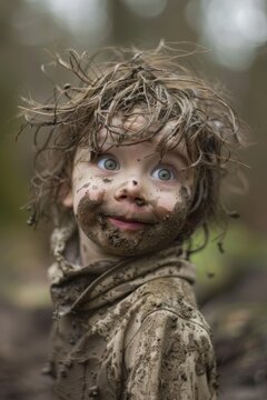 A young child with dirty hair and a dirty face is smiling