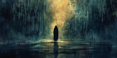 A person is standing in the rain, looking out over a body of water - obrazy, fototapety, plakaty