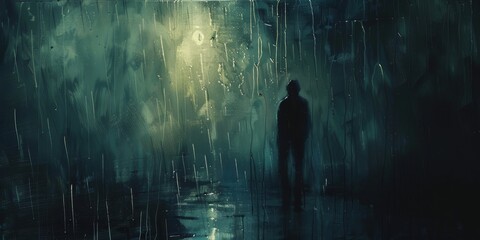 A man is standing in the rain, looking up at the sky - obrazy, fototapety, plakaty