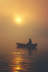 A man is fishing in a boat on a lake