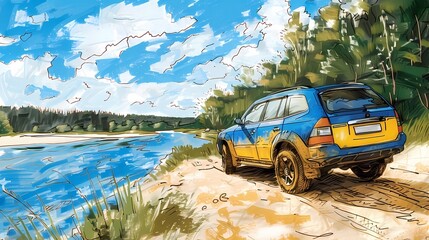 off-road car, country music background, road trip,