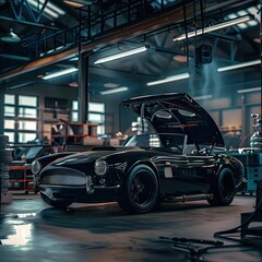 Fototapeta premium A Beautiful Car Standing In A Car Repair Shop With The Hood Open