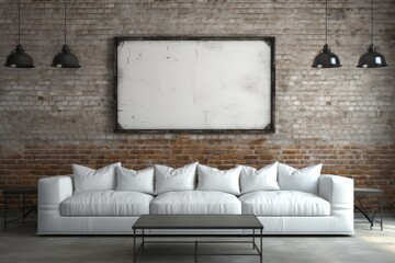 Big vintage frame with a white empty copy space mockup on brick wall, home interior with sofa