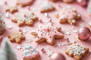 Christmas star shaped cookies with icing frosting handmade painted artisan design in minimalist festive background professional closeups with blurred background and fairy lights 