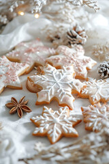 Christmas star shaped cookies with icing frosting handmade painted artisan design in minimalist festive background professional closeups with blurred background and fairy lights 