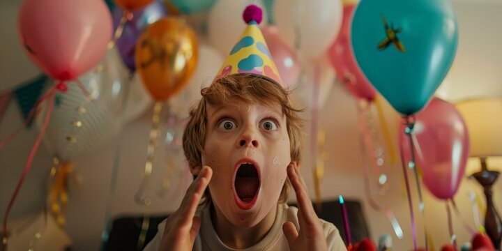 A young boy is wearing a party hat and blowing out candles on a birthday cake