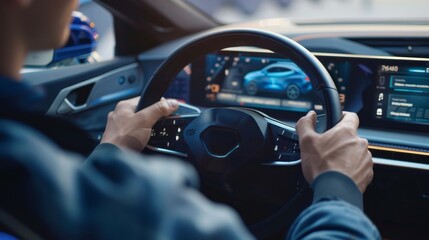 A man is driving a car with a steering wheel that has a screen on it