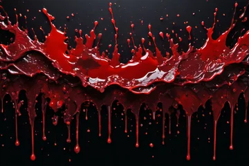 Fotobehang Close up of blood splatter isolated on black background with three dimensional lighting, detailed blood explosion, studio shot. Violence and horror concept © Eduardo Accorinti