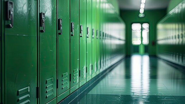 A Row Of Green Lockers In A Hallway Created With  Technology