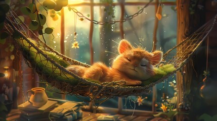 Nestled in a cozy hammock, the cute character swings gently back and forth, its eyes drooping with sleepiness as it drifts off into a peaceful nap. - obrazy, fototapety, plakaty