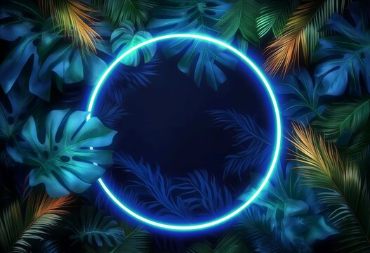 Tropical jungle design with purple neon circle with anime aesthetics and sci-fi future influence, spectacular backdrop of light navy and blue, surrounded by the vibrant greens of foliage, copy space.