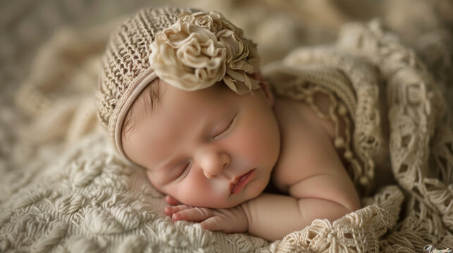 Newborn baby portrait on soft blanket at home. Studio style photography.