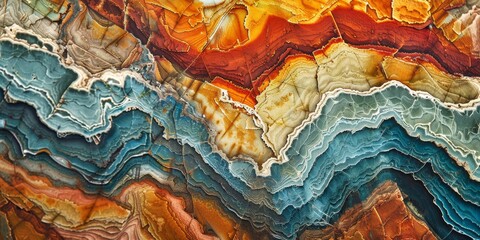 A colorful rock formation with blue, red, and yellow colors