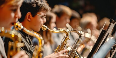 A group of young people playing instruments in a band