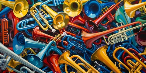 A painting of many different colored trombones and trumpets