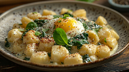 Gnocchi with soft boiled egg and creamy spinach