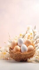 Easter decorative nest of eggs with copy space.