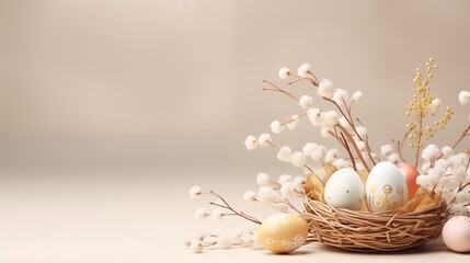Easter decorative nest of eggs with copy space.