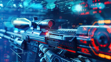 Exciting Gameplay of Action Shooter Video Game on Console for Earning Crypto Tokens, Future Project. UI Design for Web 3.0.